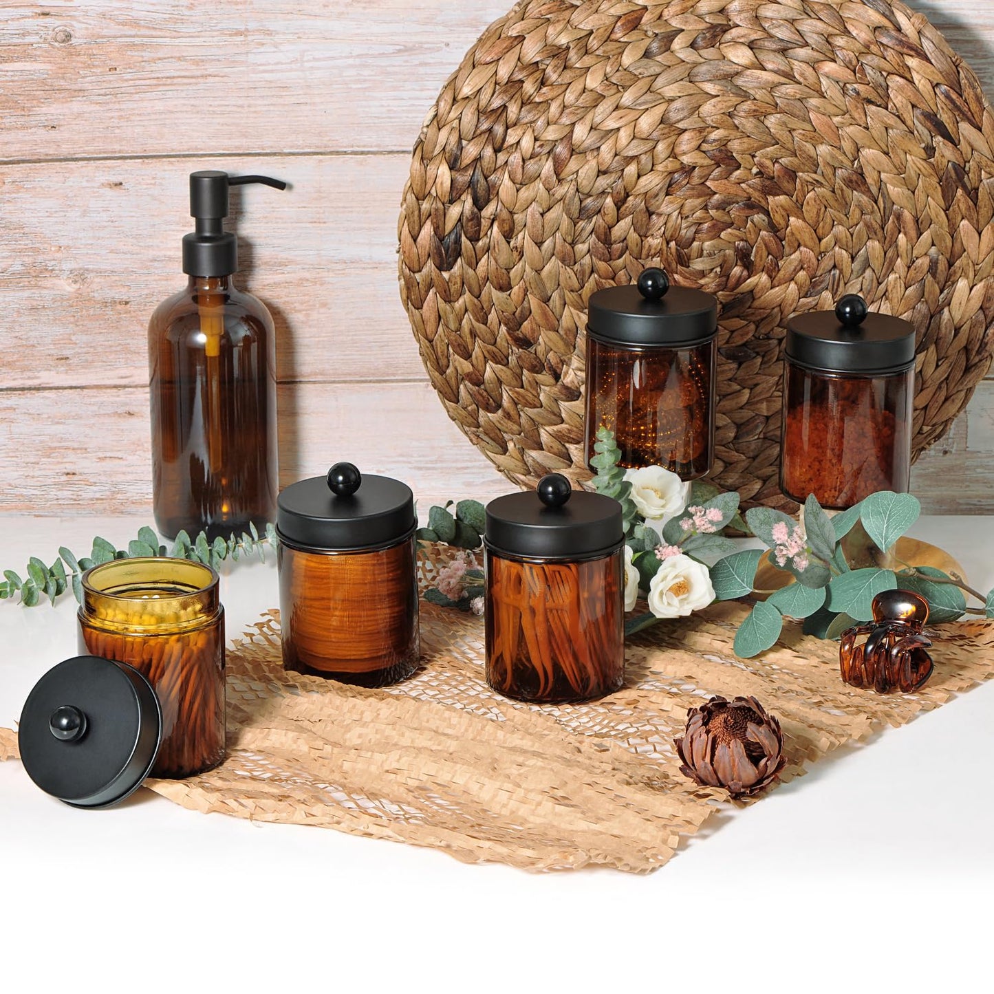 Amolliar Amber Glass Qtip Holder, Apothecary Jars with Matte Black Metal Lid & Stickers-Bathroom Qtip Dispenser Storage Organizer Set,Vanity Counter Canister for Cotton Swabs,Round Pads,Floss (6 Pack)