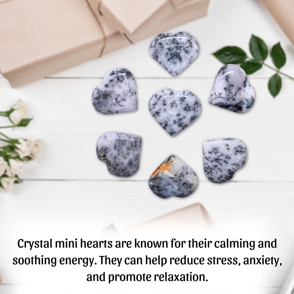 Amazing Gemstone Dendrite Opal Stone Heart - Pack of 2 Crystal Heart Stones Rocks - Corazones De Piedra Crystals and Healing Stones Heart Shaped Crystal - Stocking Stuffers Gifts
