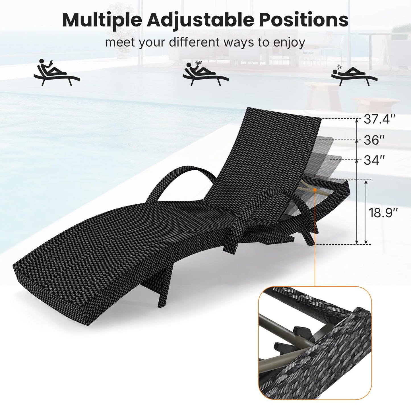 Rovibek 80'' Outdoor Wicker Chaise Lounge Chairs Set of 2, Pool Lounge Chairs with Pull-Out Side Table, Pool Lounge Chairs with Adjustable Recliners, All-Weather Design for Poolside Sunbathing, Black