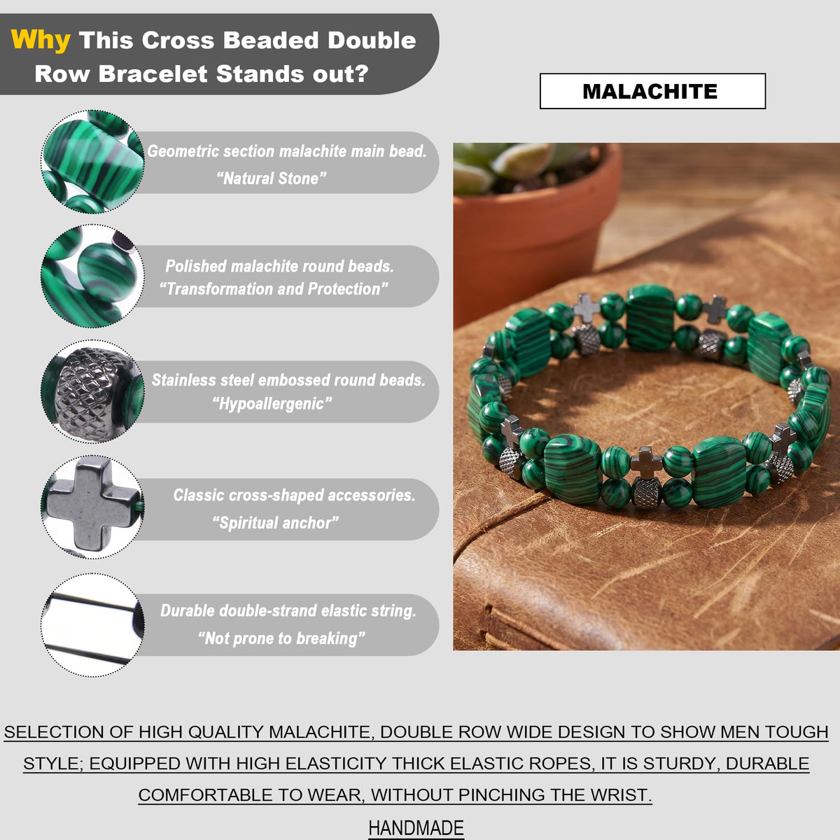 Christian Gifts for Men, Jesus Cross Bracelet for Men Handmade Double Elastic Beaded Bracelets Natural Crystal Gemstone Religious Jewelry for Boyfriend Husband Birthday Anniversary (Malachite)