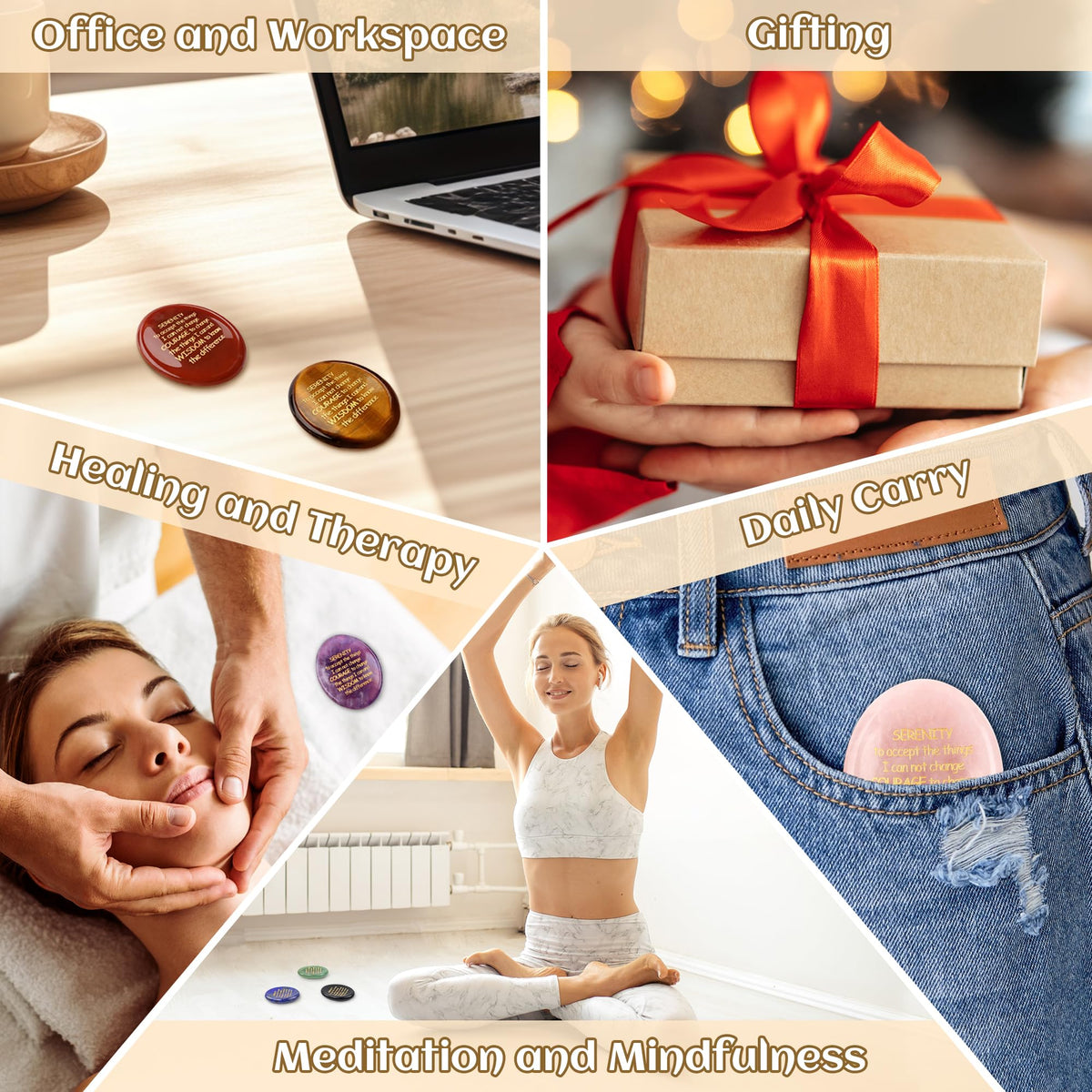 QINJIEJIE Clear Quartz Crystal Serenity Prayer Worry Stones Healing Stone Engraved Inspirational Stones Anxiety Relief Items Teacher Appreciation Encouragement Gifts for Women Men