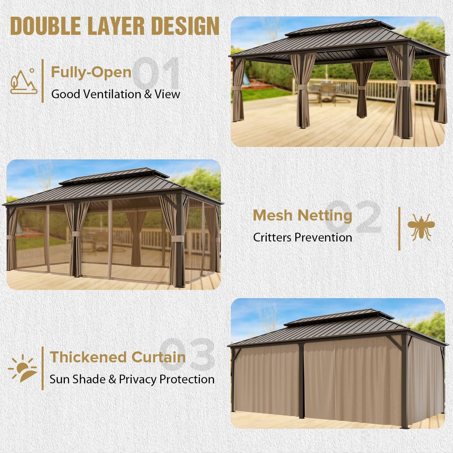 COOS BAY 12x20 Hardtop Gazebo with Aluminum Frame, Galvanized Steel Roof with UV Protection for Patio, Backyard, Garden, Outdoor Events, Dark Brown/Tan