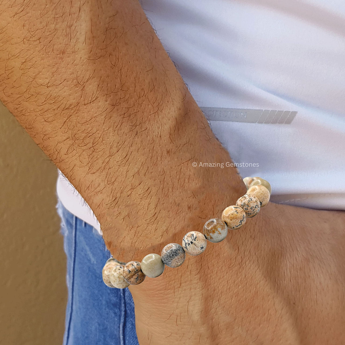 Amazing Gemstone Picture Jasper Bracelet for Women Men's Gifts - Protection Healing Crystal Bracelet - 8mm Beaded Adjustable Bracelet Pulseras Para Hombres Mujer Stocking Stuffers