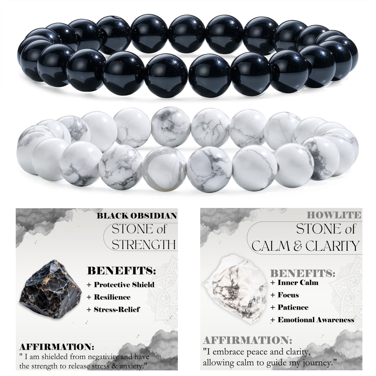 Bivei 2-Piece 8mm Beaded Bracelets for Women – Black Obsidian, Howlite – Handmade Natural Crystal Stretch Elastic Jewelry for Meditation, Yoga, Protection Gifts