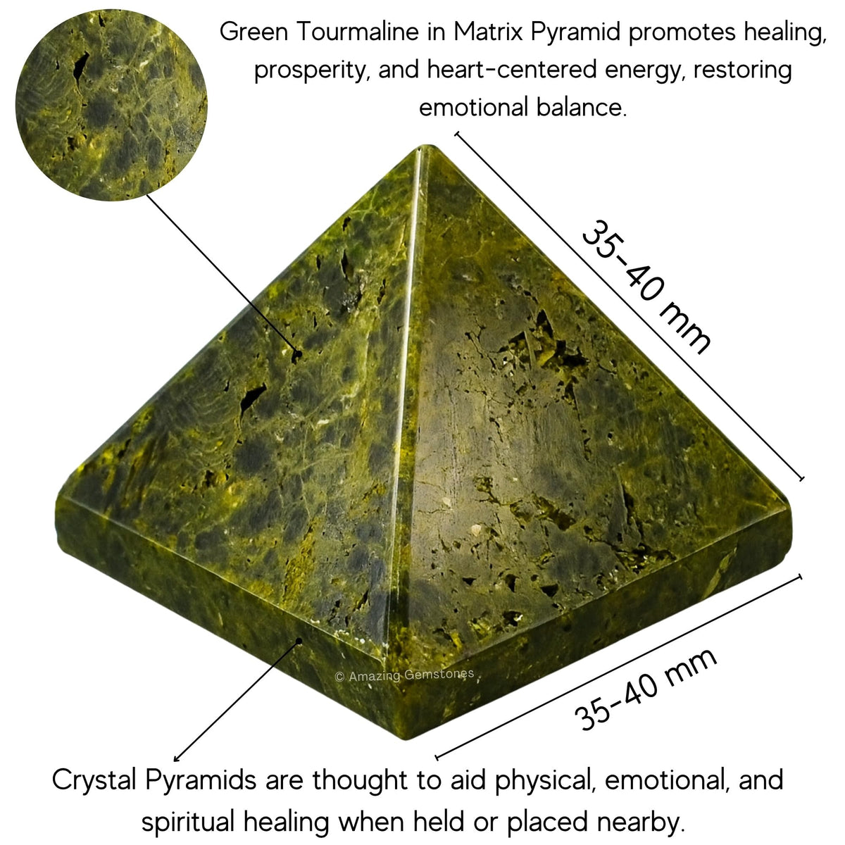 Amazing Gemstone Green Tourmaline in Matrix Pyramid Crystal Healing Stones - 1.5" Great Pyramid Figurine of Natural Stone Pyramid for Meditation, Reiki, Chakra Balancing and Crystal Pyramids Grid