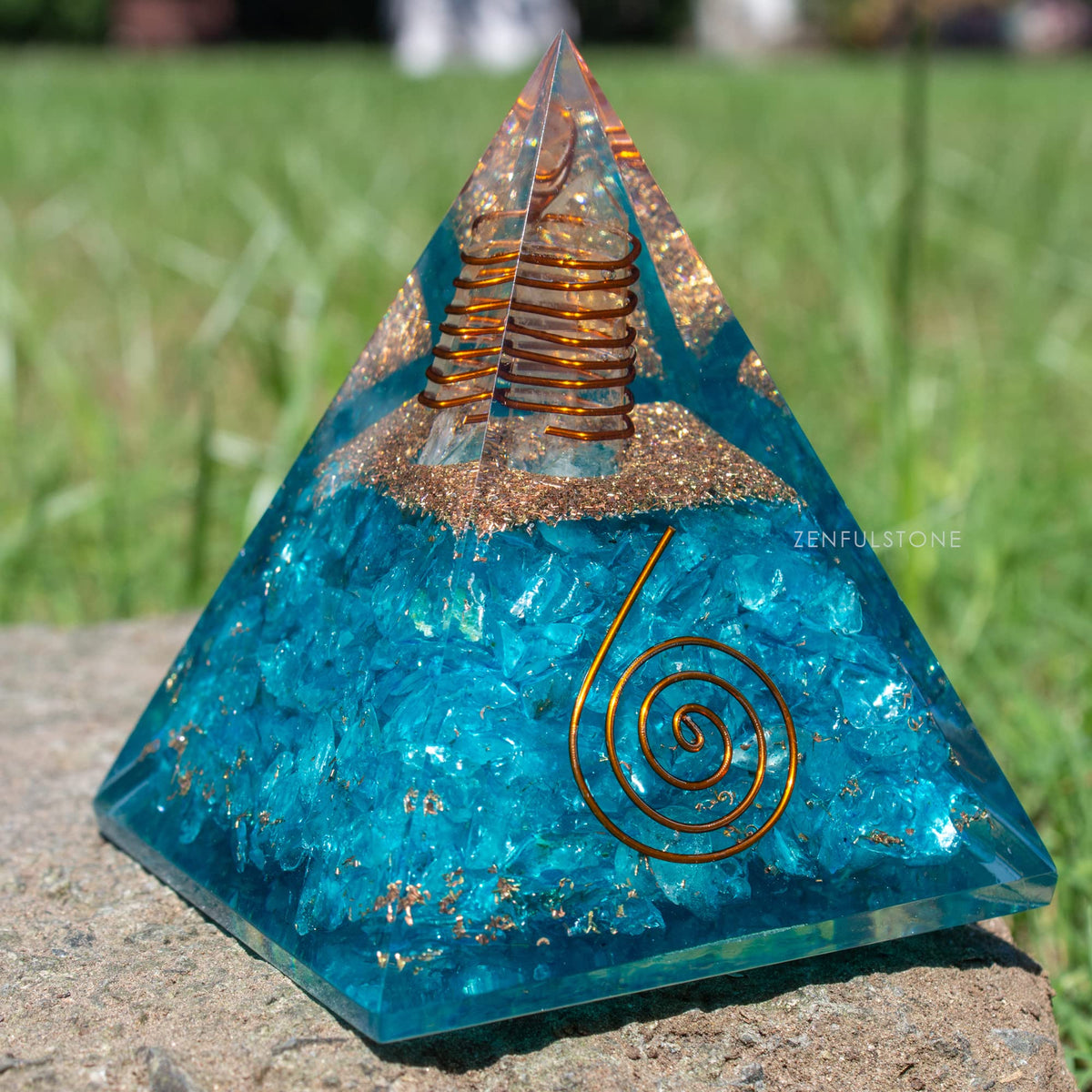 Aquamarine Orgone Pyramid for Joy & Happiness | Orgonite pyramids with Copper Coil and Crystal Quartz for Chakra Protection