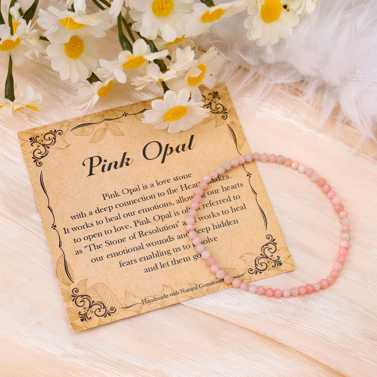 BONNY BOXX Natural Genuine Gemstone Faceted Round Beads Bracelets, 3mm Adjustable Stretchy Tiny Faceted Pink Opal Bracelet, Healing Crystal Reiki Chakra Dainty Jewelry Fashion Gifts
