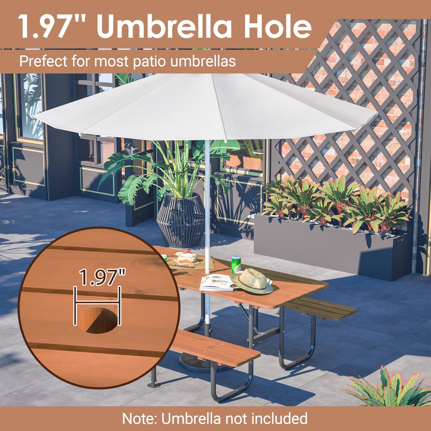 72" Rectangular Outdoor Picnic Table for 6 Person,Heavy Duty Wooden Dining Set with Built-in Benches, 1.97" Umbrella Hole, Waterproof&Corrosion-Resistant, Ideal for Garden, Backyard, BBQ,Courtyardfa