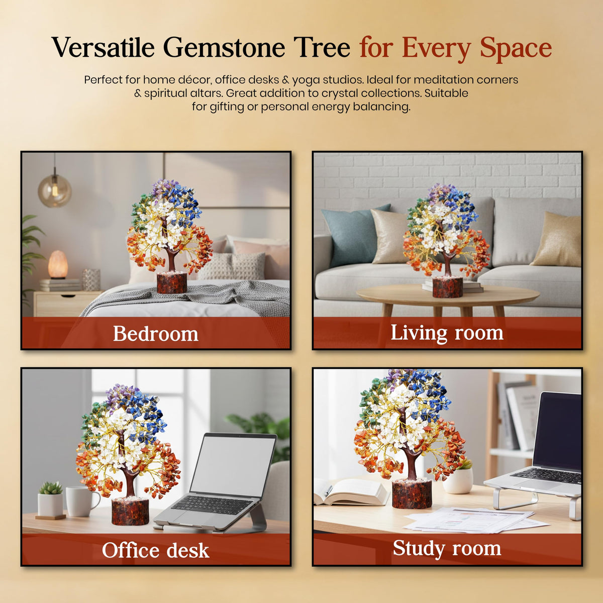AstraVeda Large 500 Bead Crystal Tree of Life, 7 Chakra Feng Shui Healer, Gemstone Pyramid, Home Office Decor