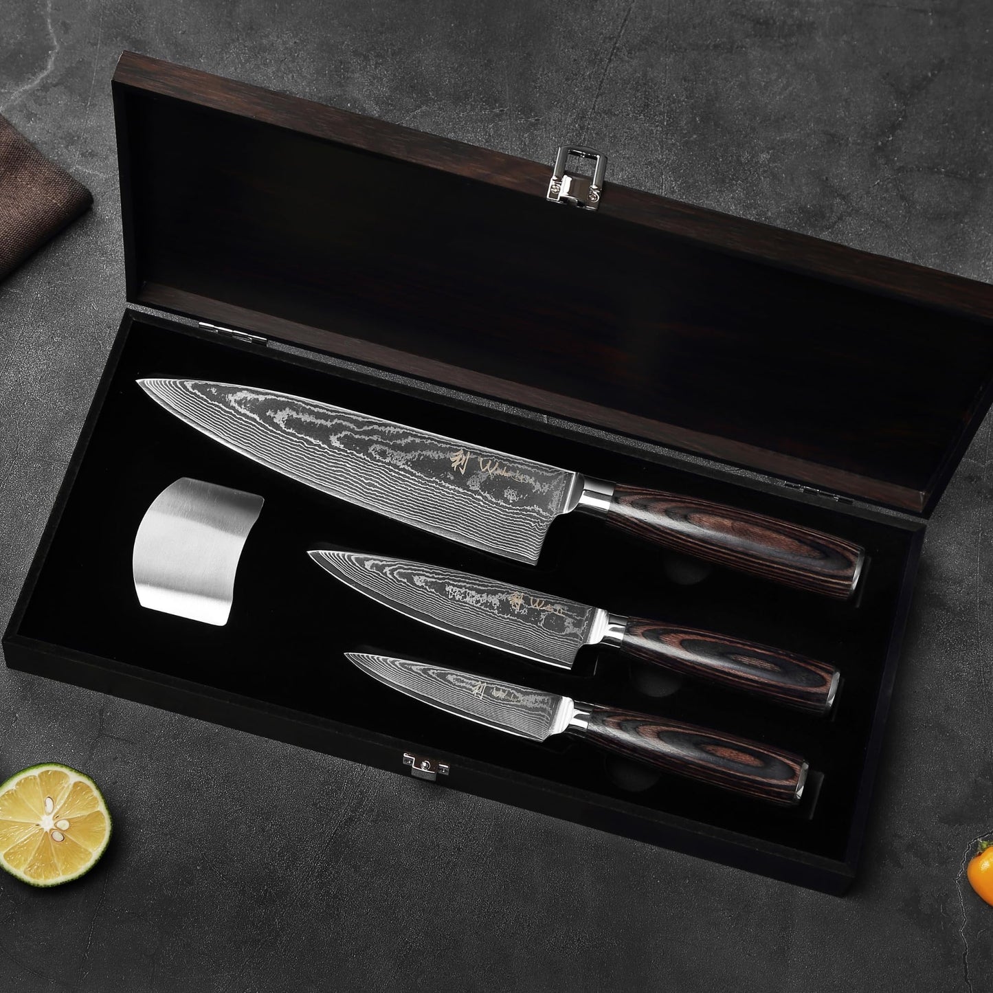 Wakoli EDIB Essentials 3-Piece Damascus Knife Set – Professional Chef's Knives with VG10 Core & 67-Layer Damascus Steel Blades, Ergonomic Pakkawood Handles – Premium Kitchen Knives in Elegant Gift Box