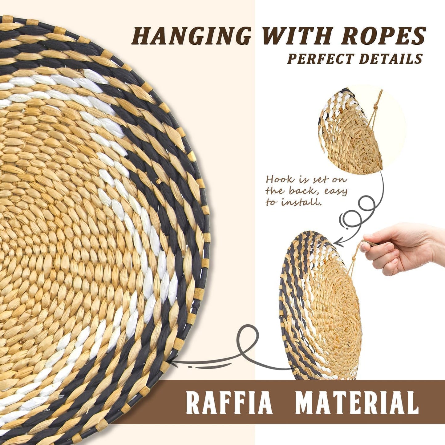 10 Pack Boho Wall Decor, 15 Inch Wall Basket Decor Round Handmade Hanging, Rattan Woven Round Wall Art for Living Room, Rustic Flat Elegant, Farmhouse, Bedrooms, Table Settings, Kitchen, Home