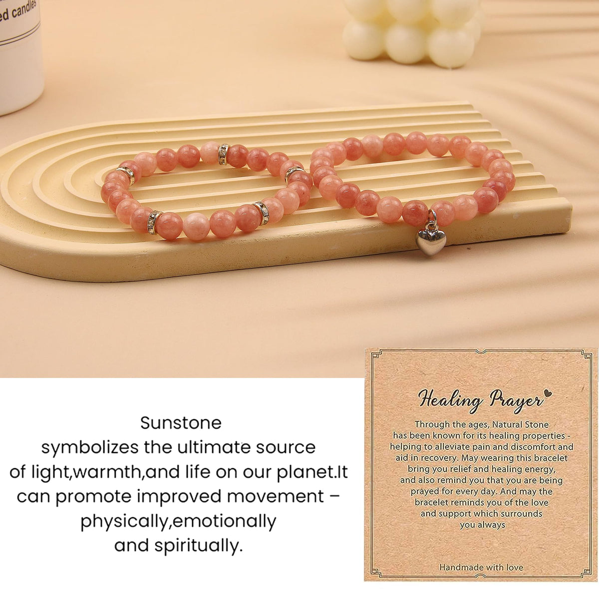 GDLKPYHS Healing Bracelets for Women - Sunstone Bracelet - Healing Prayers Crystal Bracelet, 8mm Natural Stone Stress Relief Yoga Beads Get Well Soon Gifts