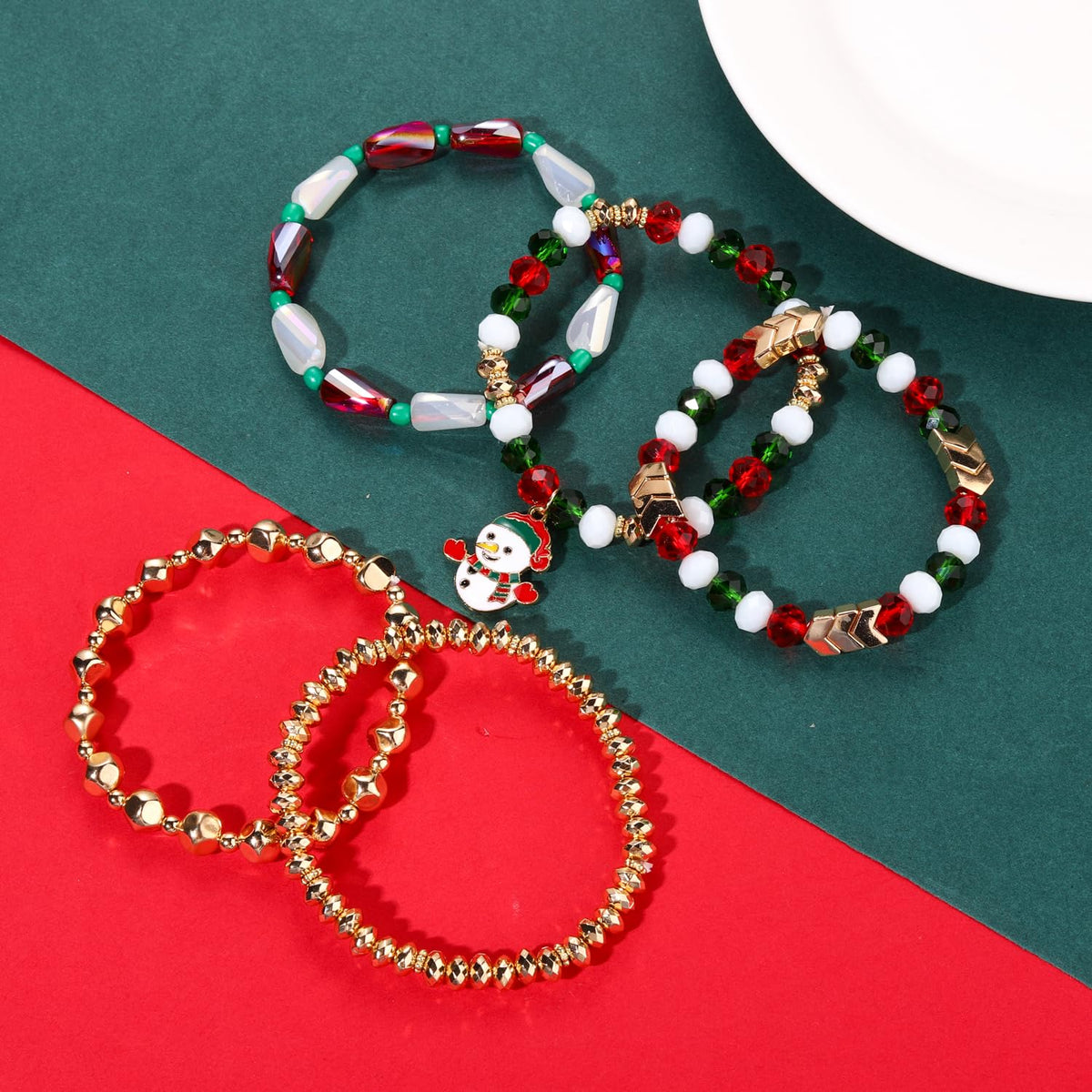 MOLOCH Christmas Bracelets for Women Enamel Snowman Xmas Charm Bracelets Stackable Christmas Beaded Stretch Bracelets Xmas Holiday Jewelry Gifts