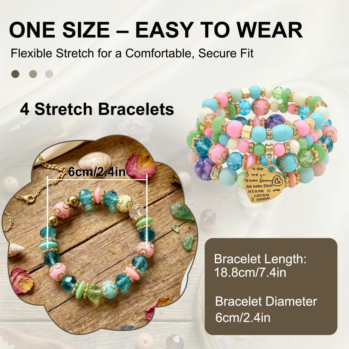 Ysenchan Bohemian Bracelet Set for Women, 4 Pcs Beaded Stackable Bracelets with Heart Charm, Stretch Bracelets, Boho Jewelry Gift – [LightMix]