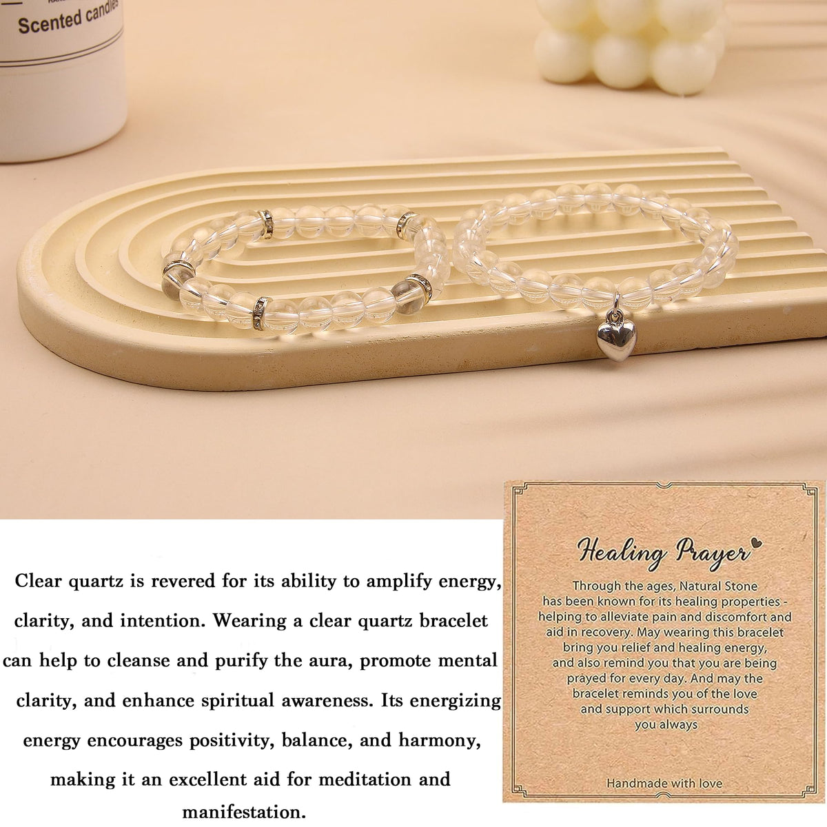 GDLKPYHS Healing Bracelets for Women - Clear Quartz Bracelet - Healing Prayers Crystal Bracelet, 8mm Natural Stone Stress Relief Yoga Beads Get Well Soon Gifts