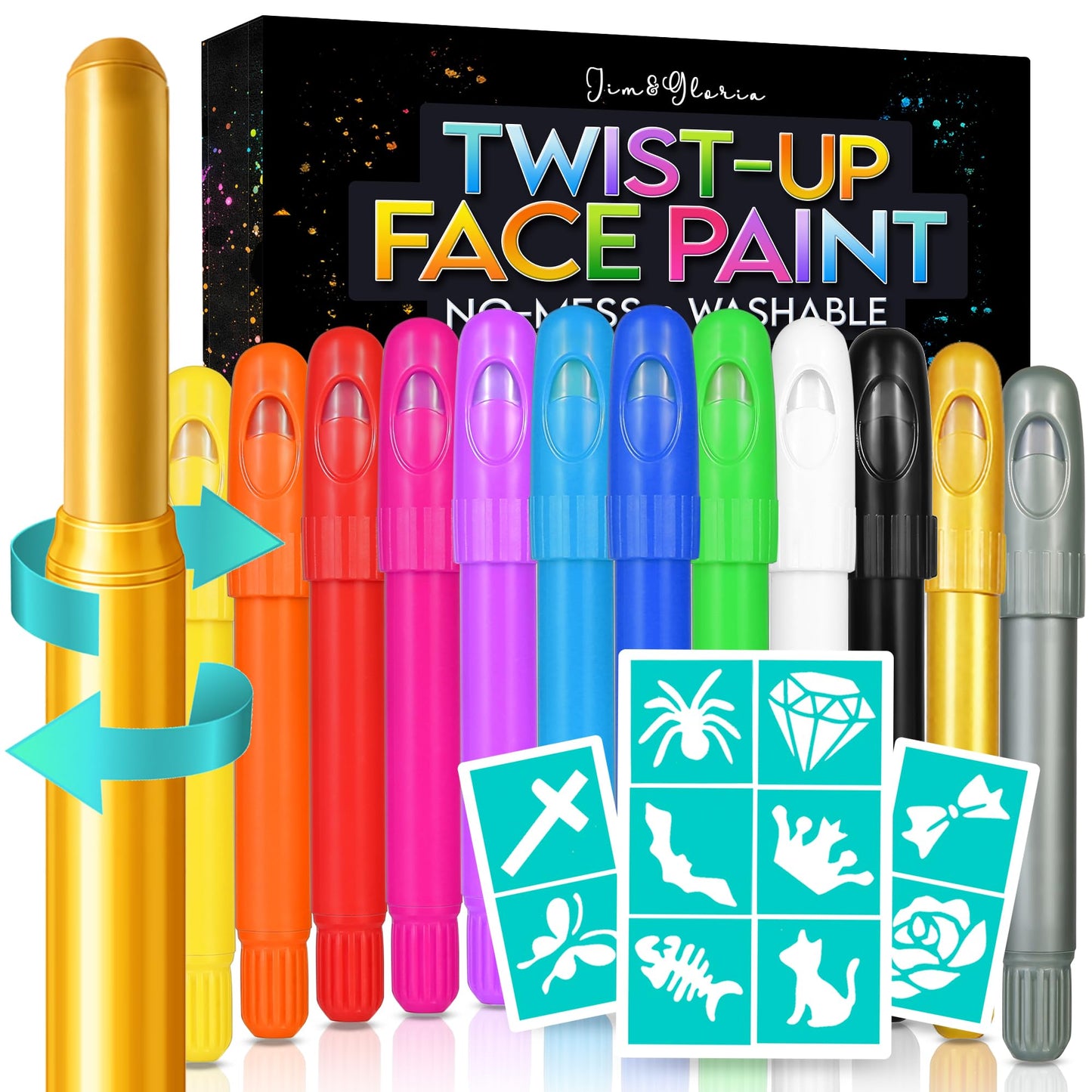 Jim&Gloria Face Paint Kit with Stencils, 12 Large Professional Face Painting Kit for Kids Party Makeup, Facepaint Washable Body Paint for Adults Skin Color Crayons, Girls Christmas Gifts, Crafts Toys