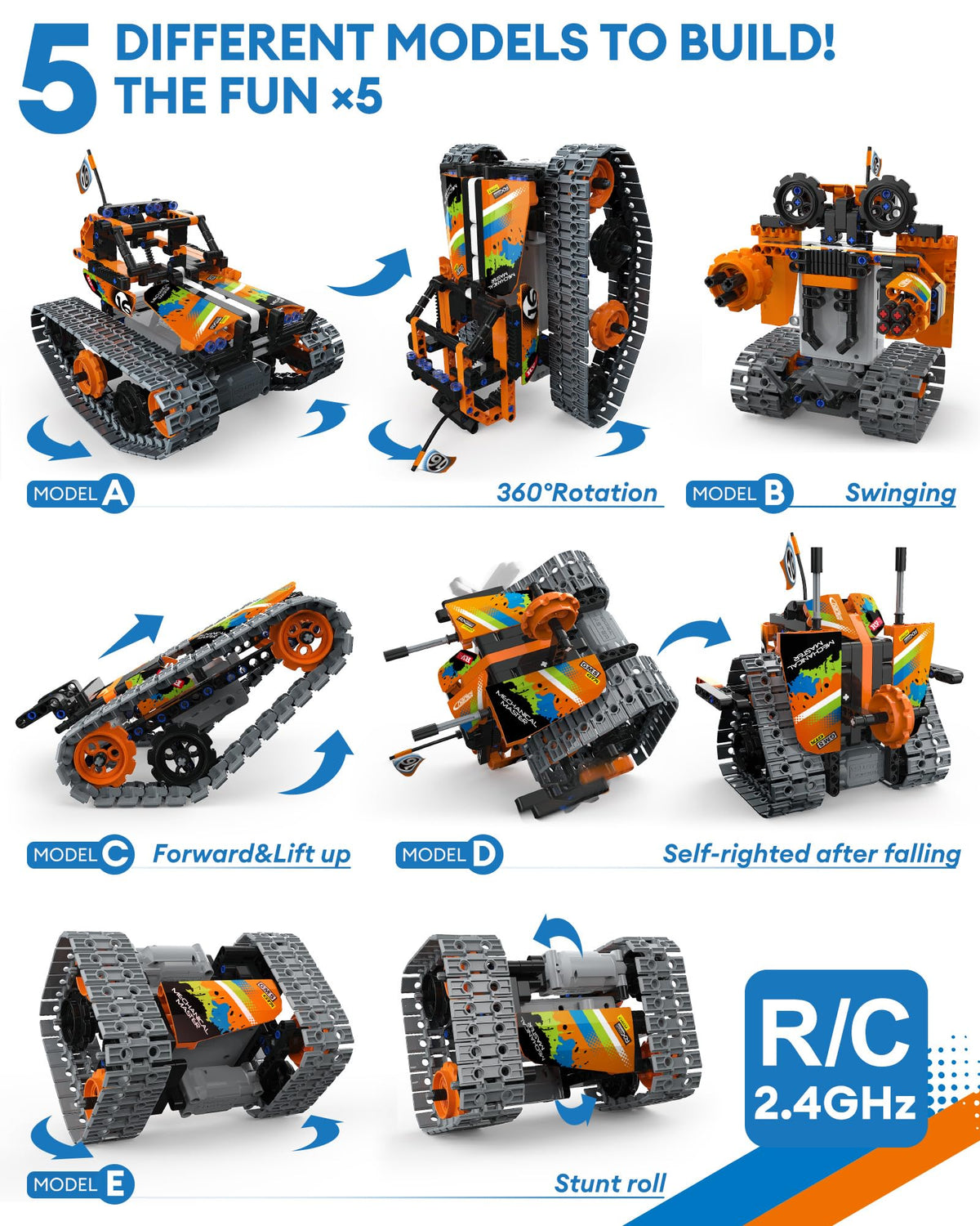 Opmind 5 in 1 STEM Remote Control Building Kit, 392Pcs Blocks Erector Projects Set Toys for Kids Age 8-12, Build a Tank/Robot/AVT DIY Science Educate 6 7 9 10 11 Years Old for Boys & Girls Gift Ideas