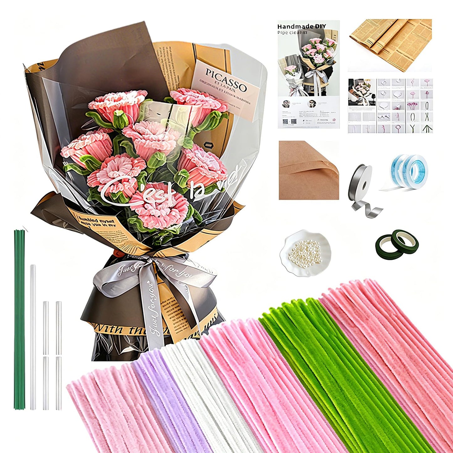 LUO TUO TOOL Pipe Cleaners Craft Flower Kit, Pink Rose DIY Bouquet Kit to Make Pipe Cleaner Flowers with Chenille Stems, Wrapping Paper and Ribbon, Arts and Crafts Gift for Girls, Mother’s Day Gift