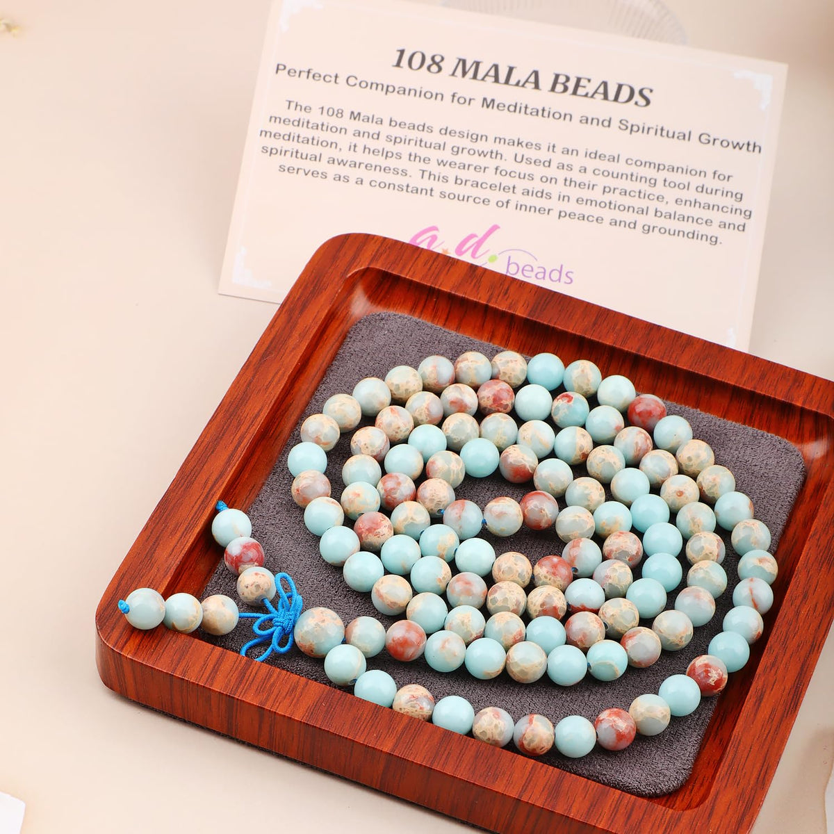 AD Beads 8mm 108 Prayer Mala Agalmatolite Elastic Bracelet - Peace and Tranquility - Handmade Yoga Meditation Healing Power Energy Gifts for Unisex Adult.