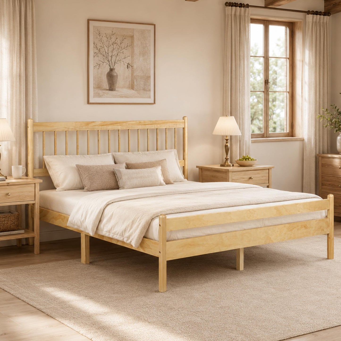 KEIKI Queen Size Bedframe with Headboard and Footboard, Pinewood Bed with Strengthened Bed Frame for Living Room, Bed Room, Natural