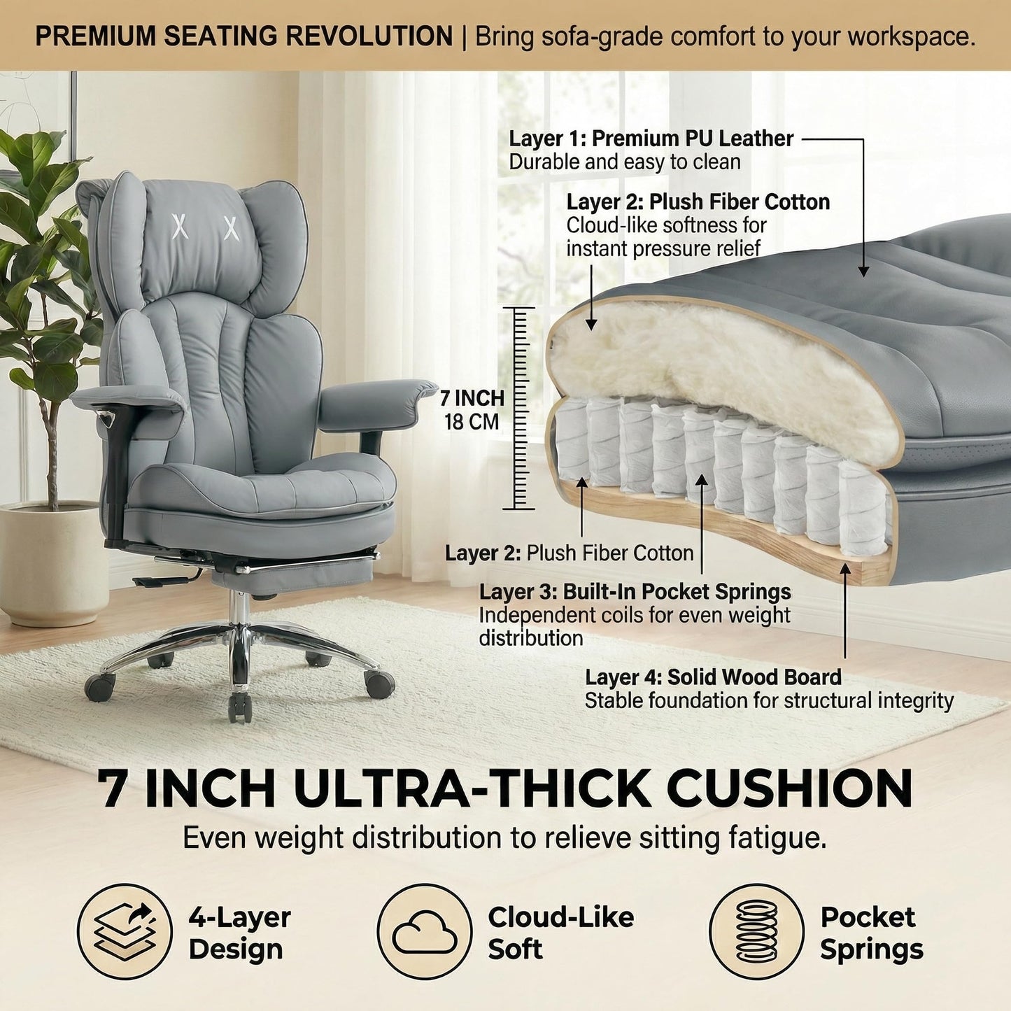 ATMILD Big and Tall Office Chair, 400lbs Heavy Duty Wide Seat Executive Chair with Footrest, High Back Leather Computer Desk Chair for Home Office (Grey)