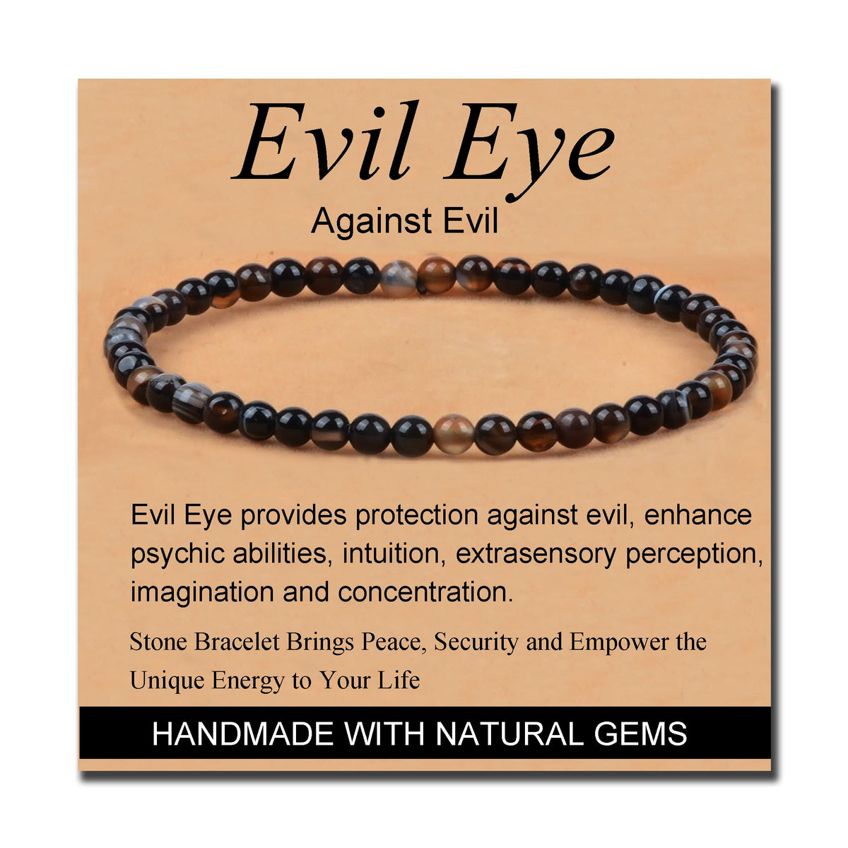 MASSIVE BEADS Evil Eye Agate - Stone of Against Evil - Handmade Yoga Stretch Elastic Bracelet Natural Stone Crystal Healing Power Energy Gifts for Unisex Adult 4mm