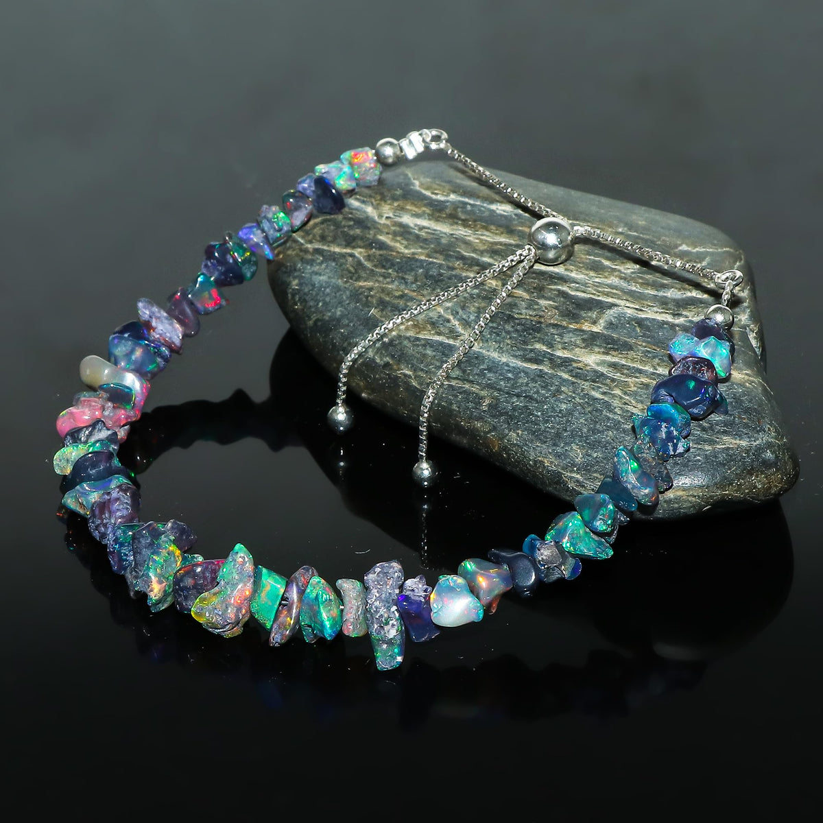 CRYSTALIS Black Opal Bracelet, Natural Raw Stones, Fire Play Rough Gemstones, Chakra Healing Crystals, Gift Giving Jewelry, Rhodium 925 Sterling Silver Women Slider Bolo Bracelet 10 inch (6+4")