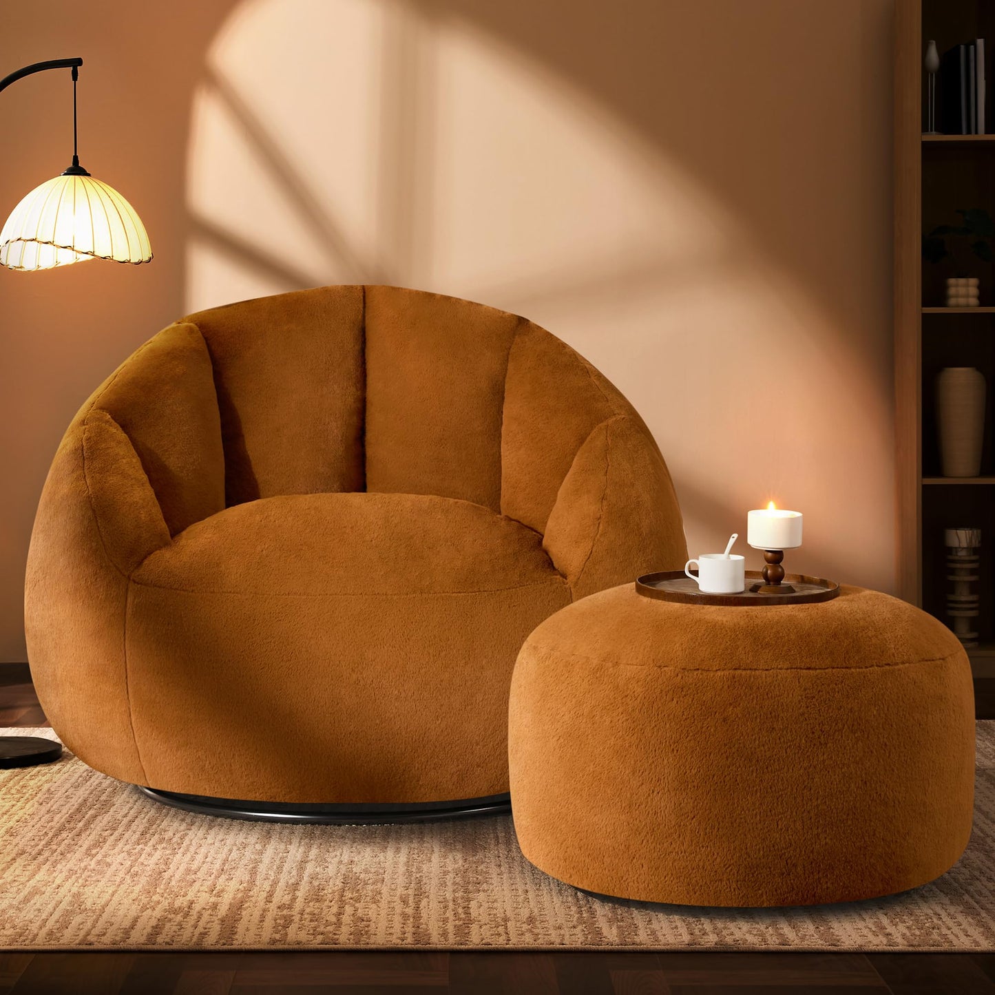 GRANDJOY Oversized Bean Bag Chair with Ottoman, Premium Foam Filling, Relaxing Lounger for Adults & Kids, Orange