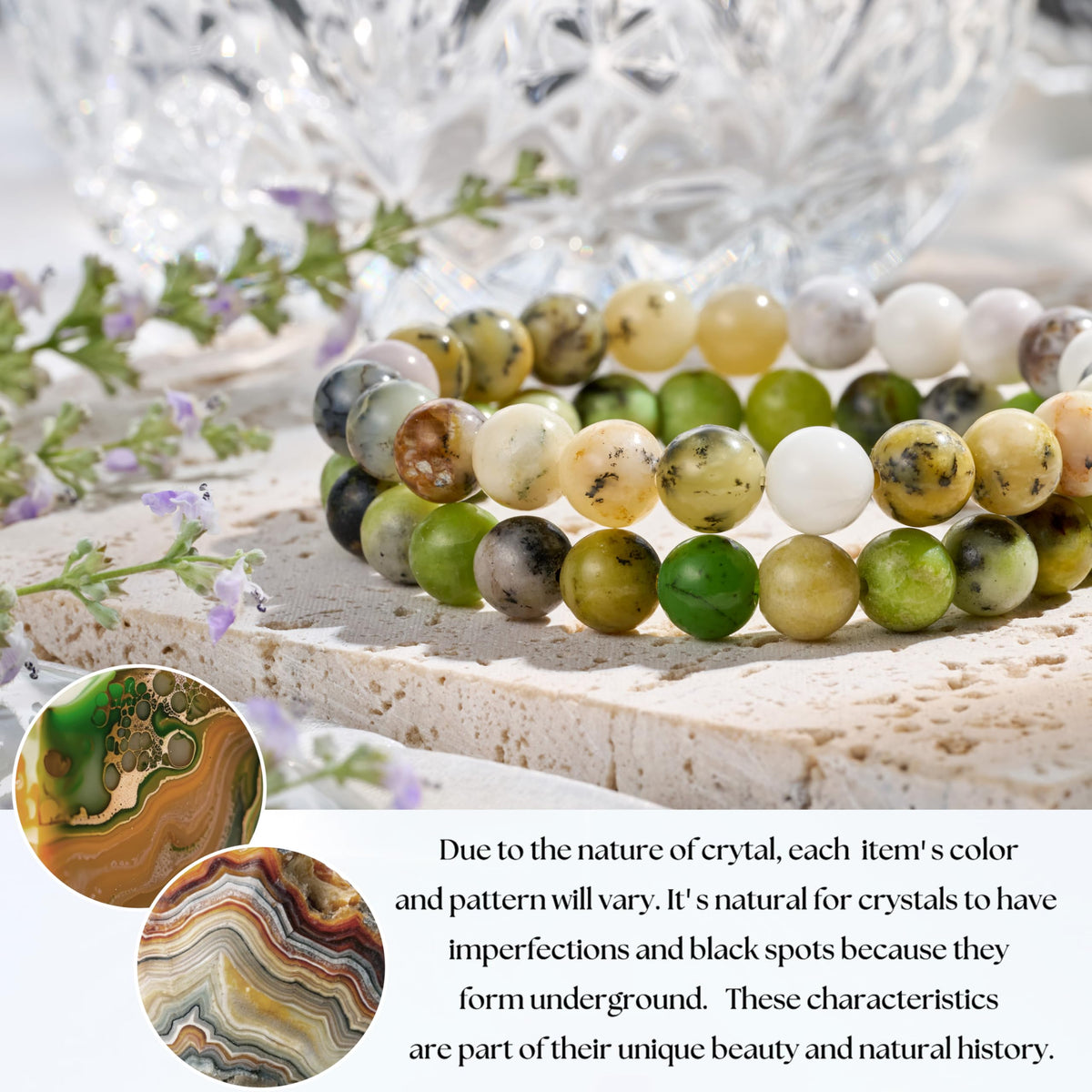 Bivei Natural Gemstone Semi Precious Crystals Handmade Stretchy Round Beads Bracelet, Enhance Positive Energy,Stocking Stuffers for Women(Opal fosters & Serpentine(Growth & Prosperity) Medium)