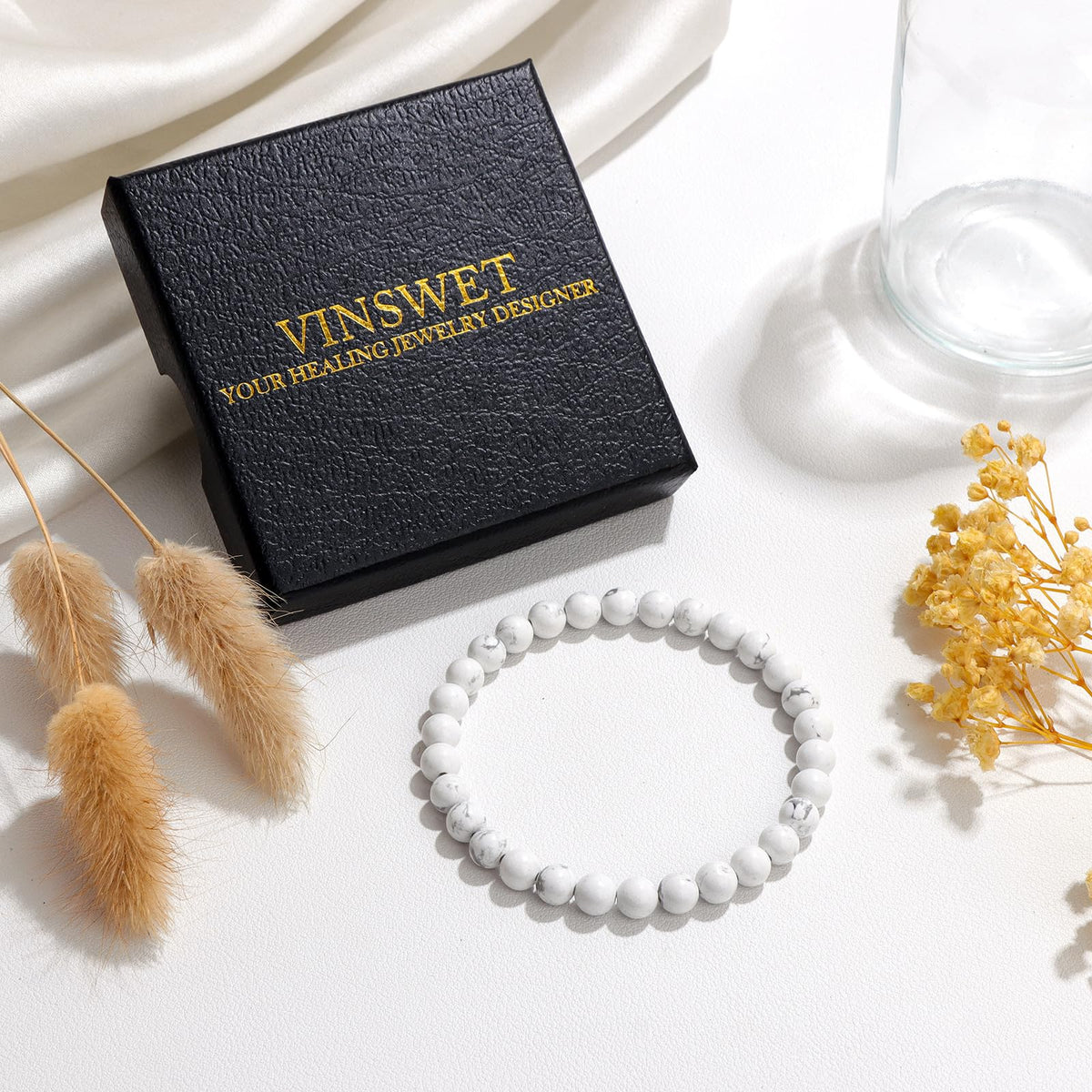 Vinswet Healing Crystal Bracelets for Women Men 6mm Howlite Natural Stone Beaded Stretch Bracelet Handmade Gemstone Reiki Spiritual Jewelry Gifts