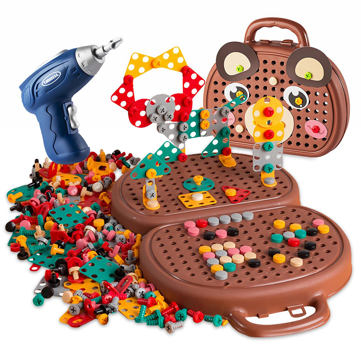 Magic Montessori Play Toolbox with Drill, 203Pcs Magic Montessori Play Toolbox Bear-Themed, 2D/3D Creativity Tool Box Montessori Toys Gift for Age 3-12 Years Old Boys Kids, Girls