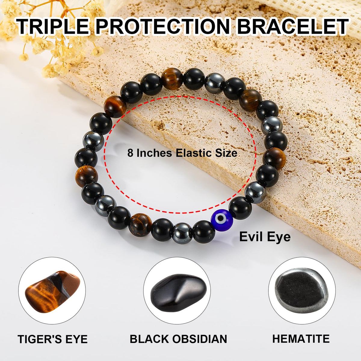Gnamy Triple Protection Beaded Bracelet Gifts for Men, Tiger Eye Hematite Black Obsidian Evil Eye Bracelets Christmas Birthday Valentines Anniversary Healing Sobriety Jewelry Gifts for Husband Dad Boyfriend Brother Him