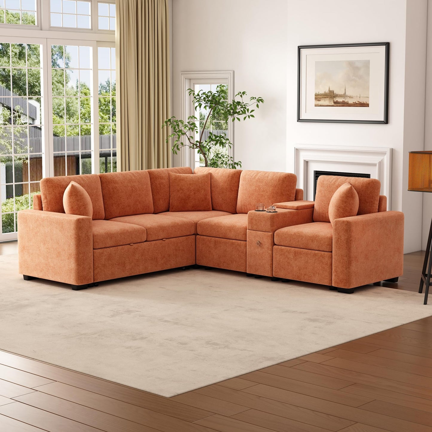 Merax 120.5" L-Shaped Sectional Sofa, Modular Convertible Couch Reversible Sleeper with Pull-Out Bed, Cup Holders, and Ample Storage for Living Room, Orange