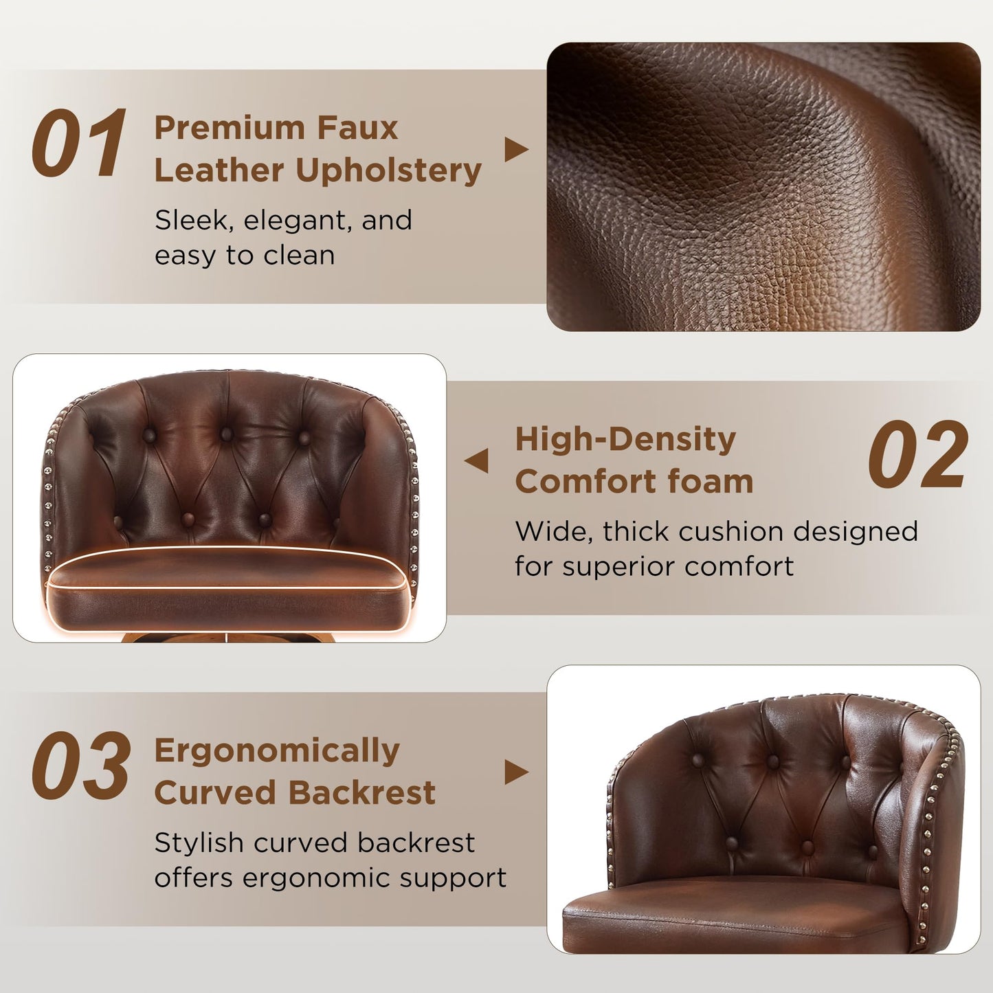 Dorlicecass 26" H Counter Height Bar Stools Set of 4，360°Swivel Bar Stools with Back,Seat Height Upholstered Counter Stools with Wood Legs and Footrest，Leather Farmhouse（Brown）