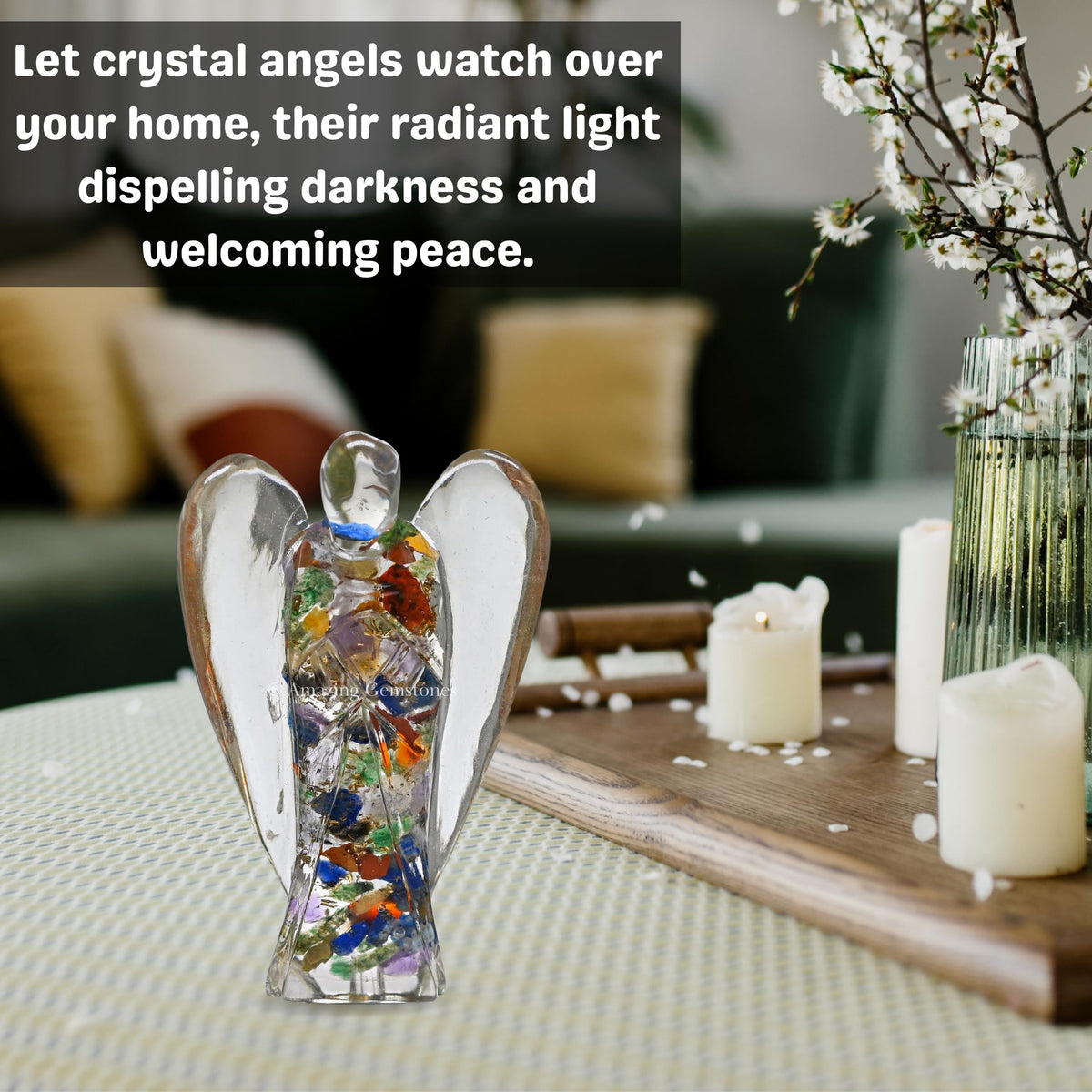 Amazing Gemstone Chakra Guardian Angel Figurine Pocket Crystal Angel for Protection - Orgone Guardian Angel with Orgonite Layer and Natural Crystal for Healing Gift (2 Inch, Organite)