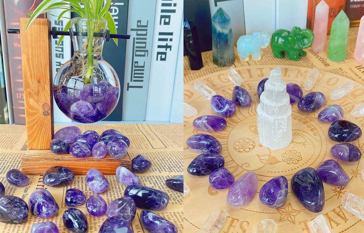 QINJIEJIE 0.9 LBS Amethyst Polished Stones Tumbled Crystals Bulk Gemstones 0.6-1" Irregular Stone Natural Reiki Healing Crystal for Plants Succulents Vase Filler Decoration Energy Witchcraft Gifts