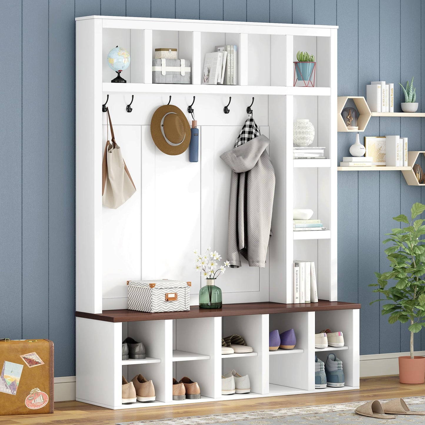 Merax Hall Tree with Bench and Shoe Storage, Farmhouse Wooden Coat Rack with 6 Hooks, Built-in 18 Open Compartments, for Entryway, Living Room, White