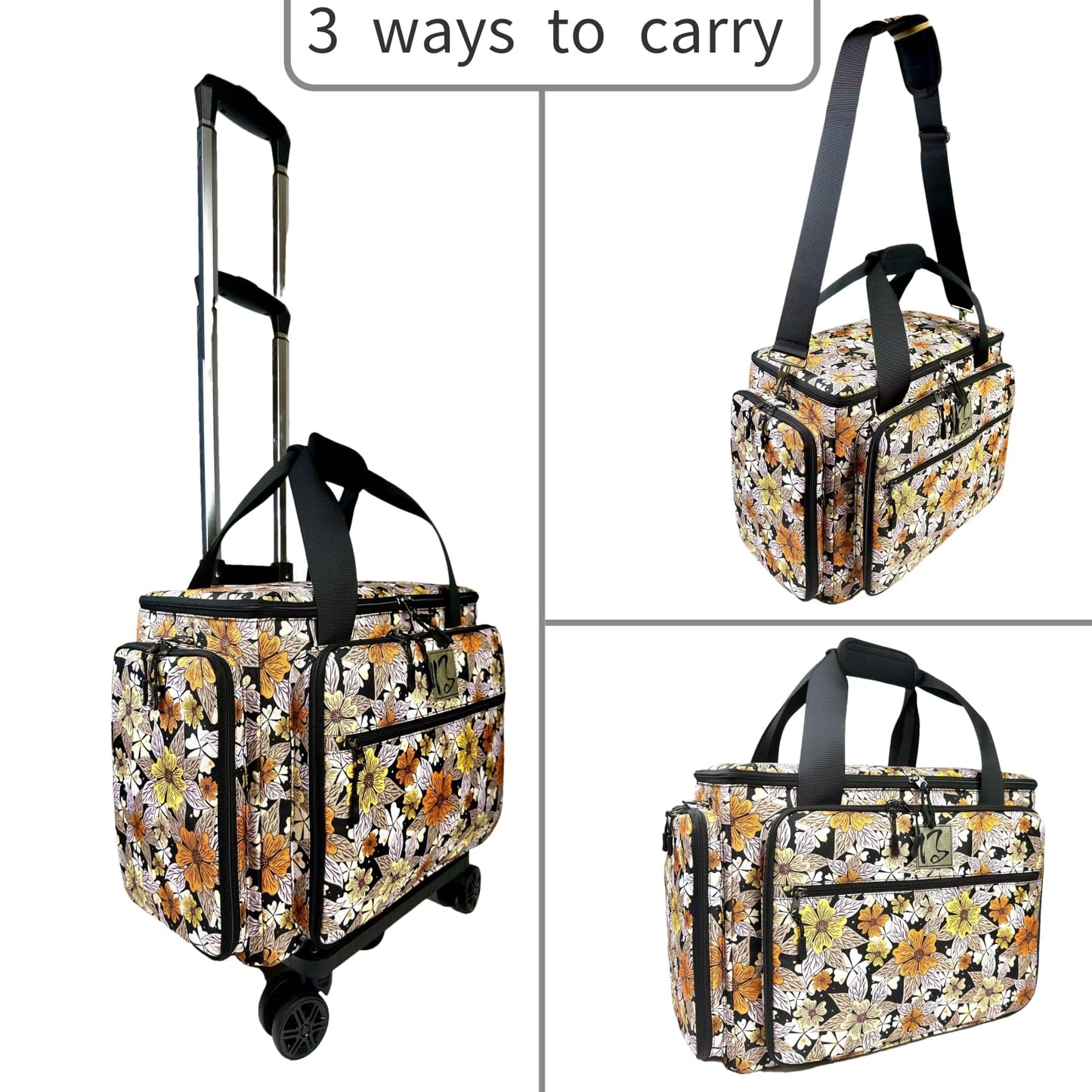 BatlFrist Rolling Sewing Machine Bag with Five 360-Degree Rotating Wheels,Sewing Machine Carrying Case Fits for Most Standard Sewing Machines,YKK zipper,Hard Bottom Pad (Floral)