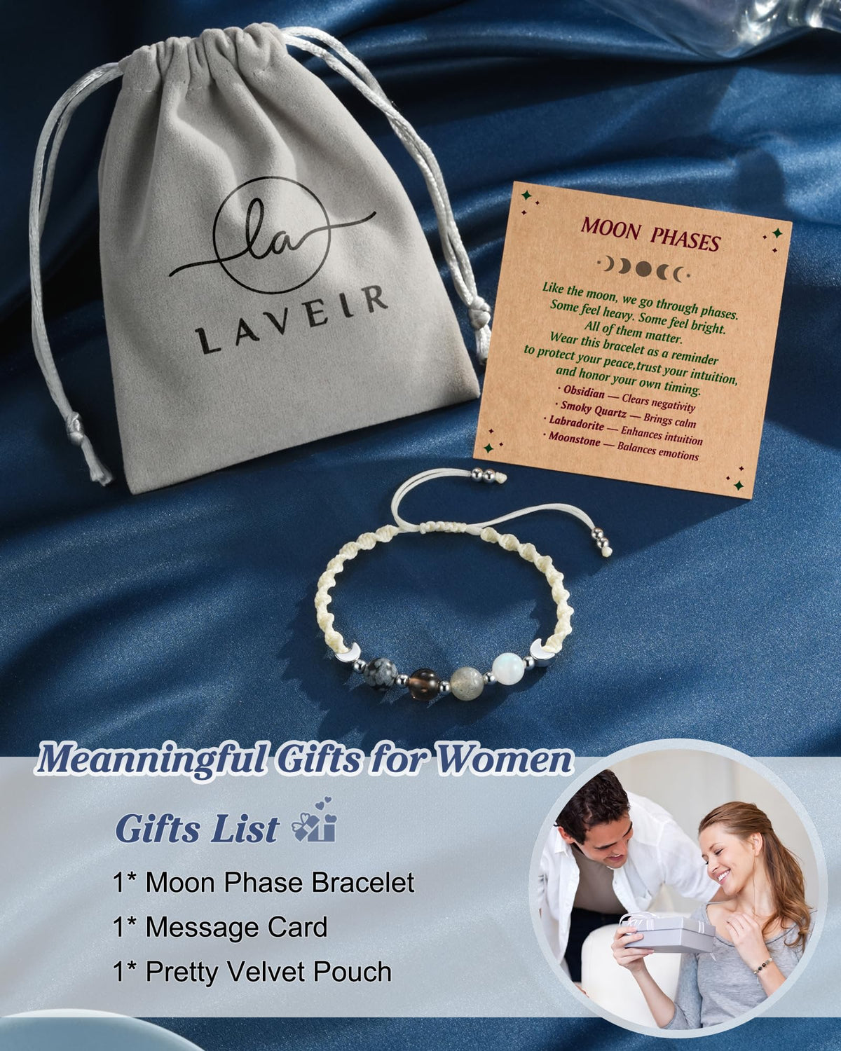 LAVEIR Moon Phase Crystal Healing Bracelet for Women, Natural Stone Beaded Bracelet with Moonstone, Spiritual Bracelets for Intuition, Emotional Balance, Intention Setting, Birthday Gifts for Women