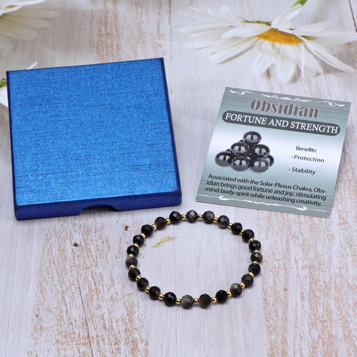 QOGIR Silver Obsidian - Fortune and Strength - 14K Gold Plated Beads Natural Gemstone Stretch Elastic Dainty Healing Beaded Bracelets Gifts 6mm