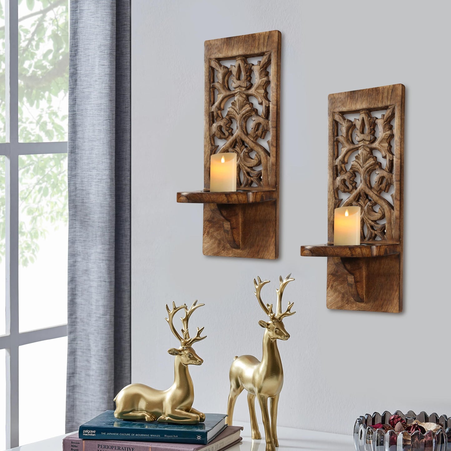 Wall Mount Rustic Candle Sconces Set of 2 - Wooden Floating Shelf Pillar Candle Holders, Farmhouse Wall Décor for Living Room & Bedroom - 16 Inch - Antique Burnt