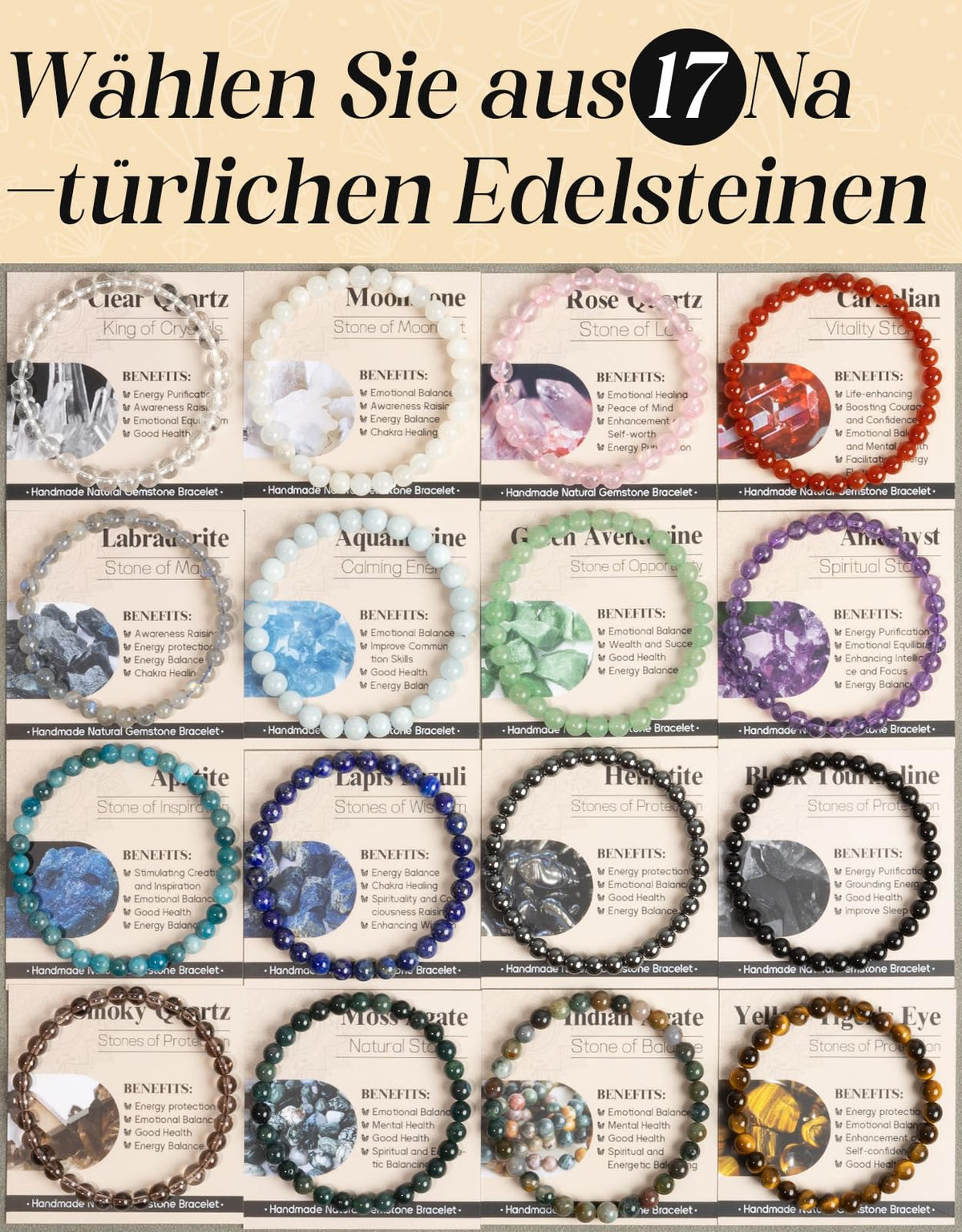 Landorilo Beaded Bracelet for Men Women, 6mm Natural Stone Labradorite Healing Crystal Stretch Bracelets, Ideal Christmas Birthday Jewelry Gifts with Energy Card，Replacement Beads Included