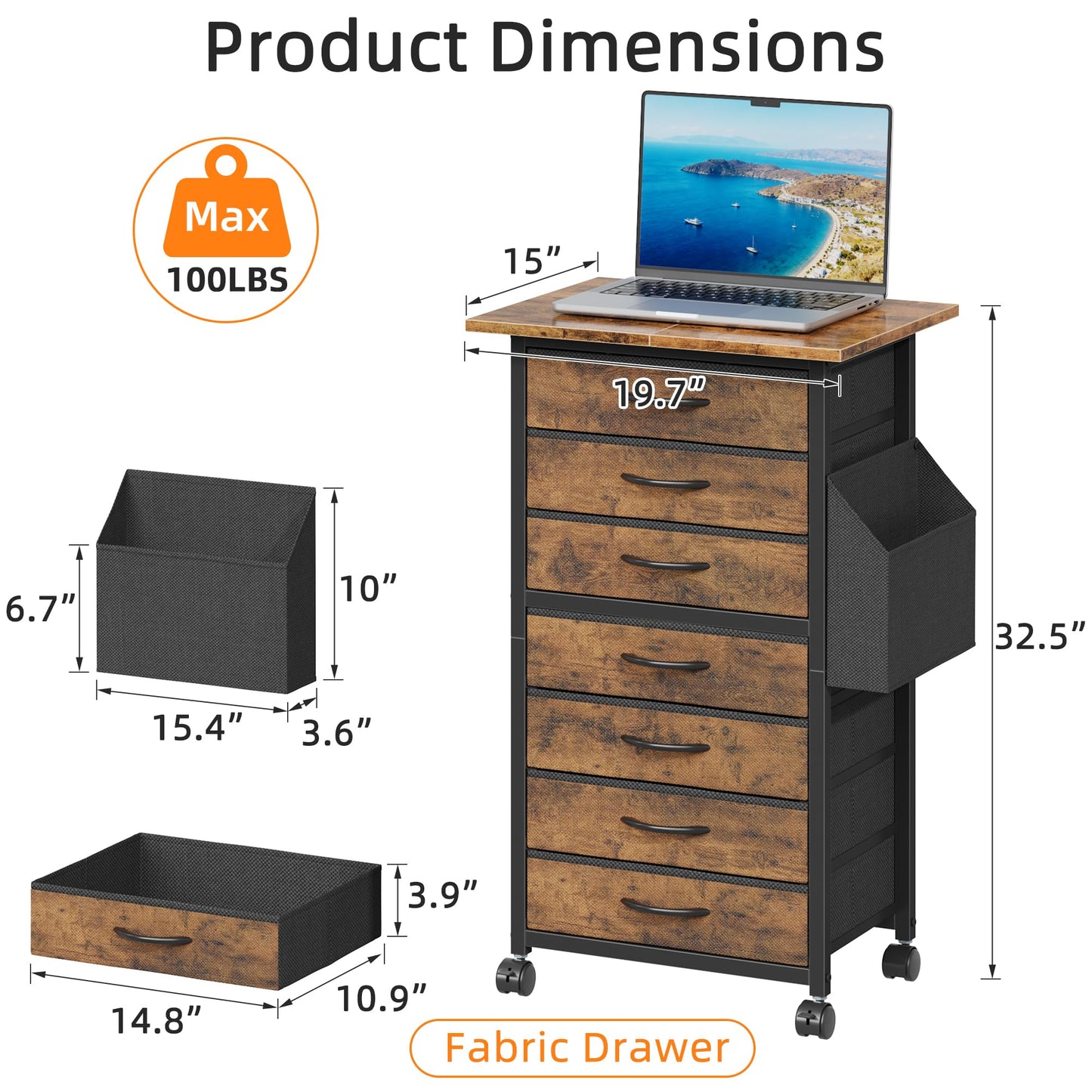 HIGDBFE 7 Fabric Drawers File Cabinet with Side Pocket, Rolling Printer Stand with Storage for Home Office, Wood Top Storage Cabinet for Documents and Crafts, Rustic Brown, 15" D