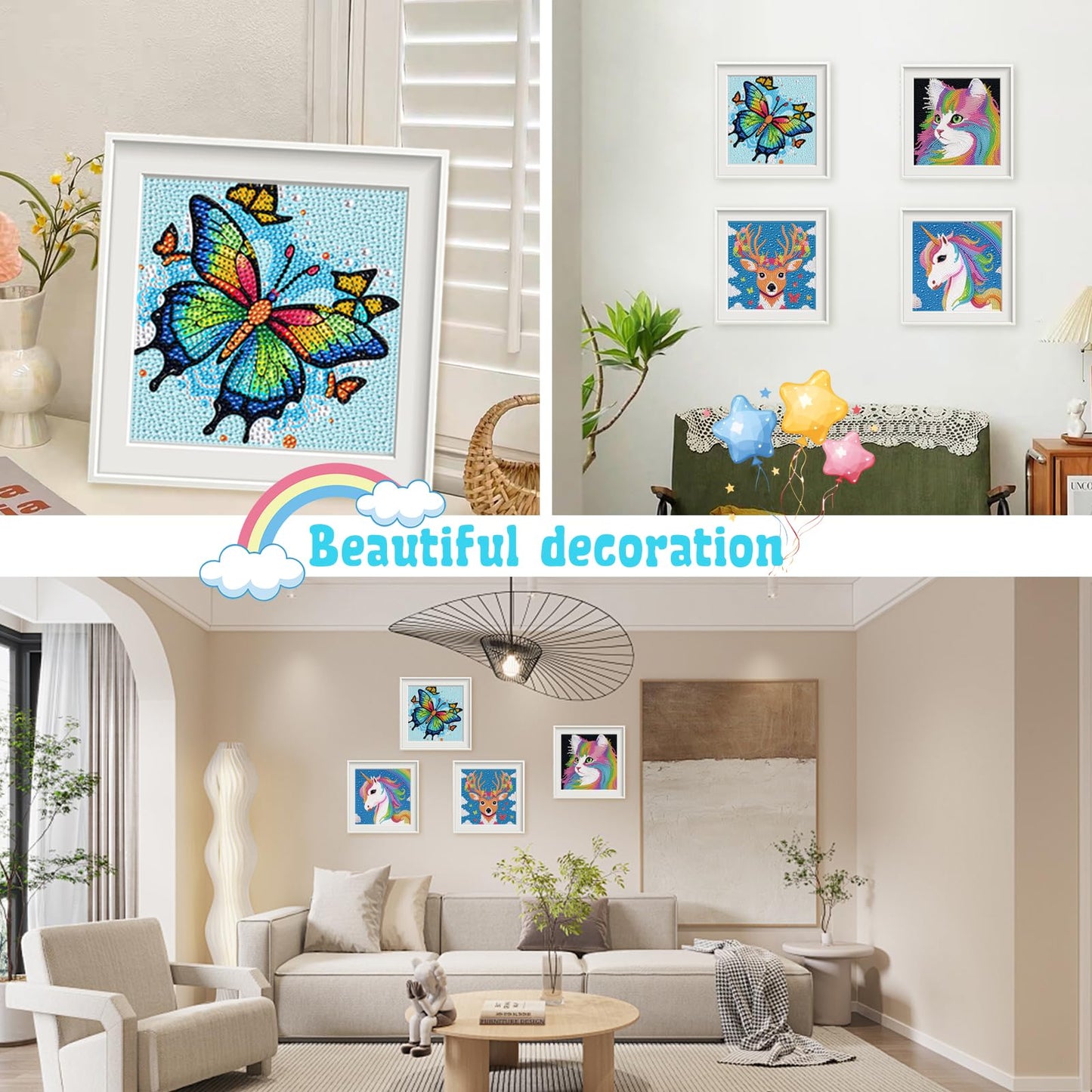 Libfx Diamond Art Kits for Kids 4 PCS Diamond Art for Girls Boys Beginners Arts and Crafts for Kids Ages 8-12 (Cat Butterfly Unicorn Deer)