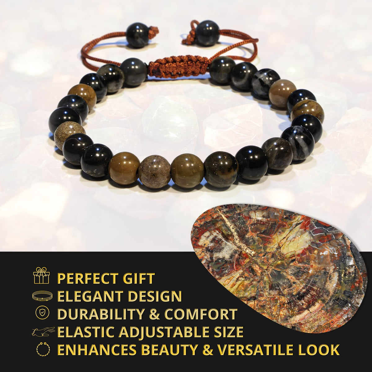 ANAYA AGATE Healing Crystal Bracelet – Chic Gemstone Bracelet for Men and Women – 8mm Round Bead Bracelets for Spiritual Healing, Protection, Positive Energy - Petrified Wood