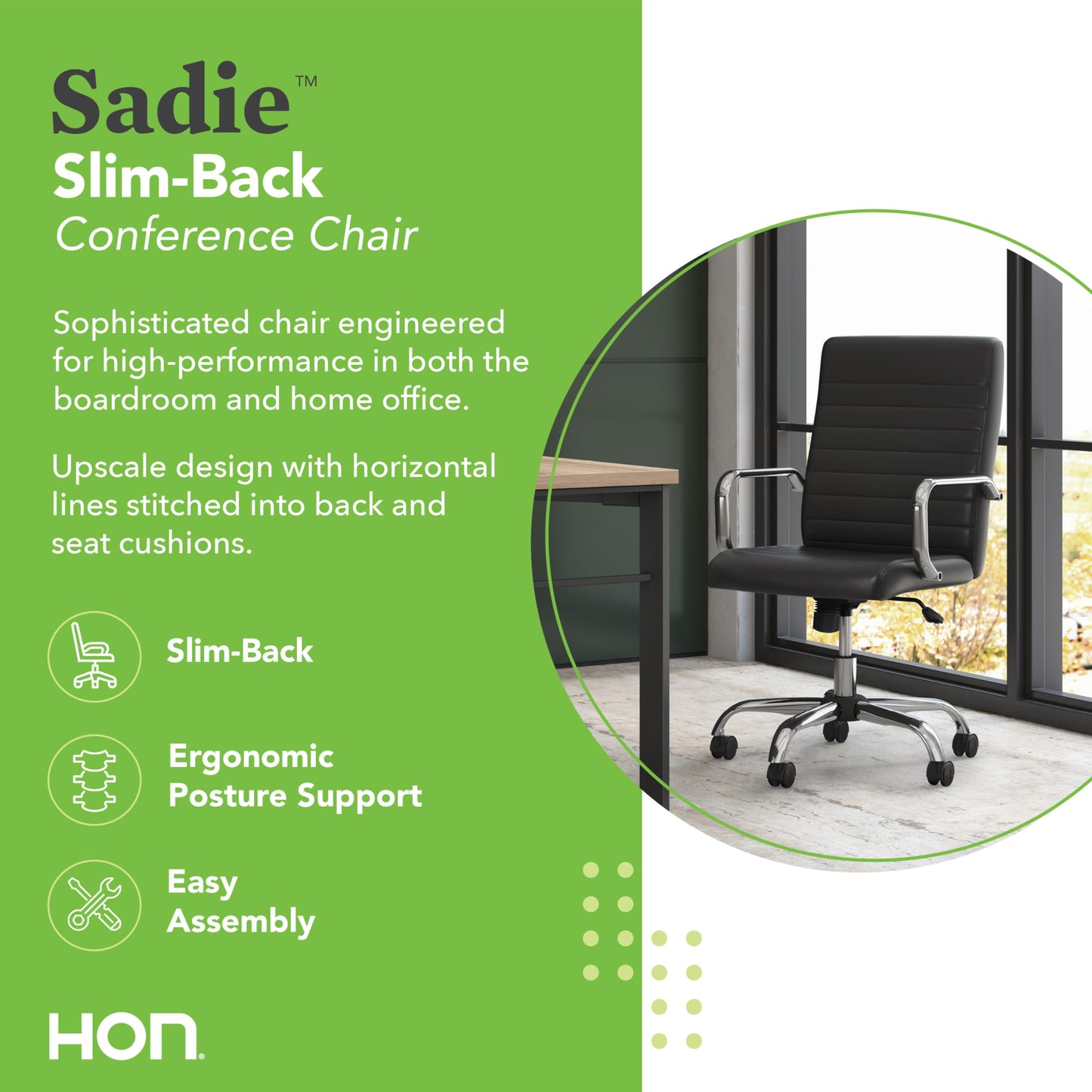 HON Sadie Executive Ergonomic Office Chair with Leather Upholstery, Chrome Arms and Back Support, Mid Back Desk and Computer Chair for Home Office or Conference Room, 360 Swivel, Black