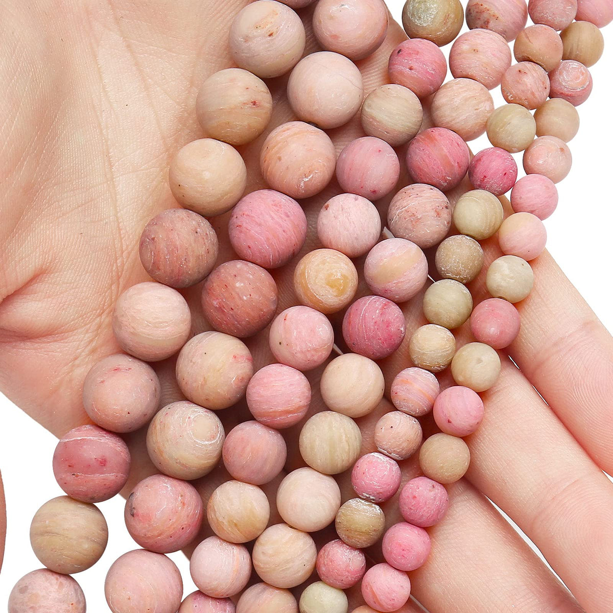 Natural Matte Rhodochrosite Beads, 8MM Round Frosted Unpolished Loose Gemstone Beads for Bracelet Necklace Jewelry Making, Energy Stone Healing Power with Stretch Beading Cord