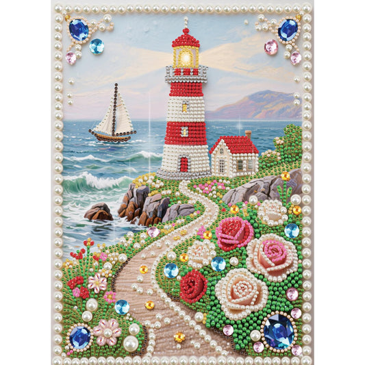 Diamond Painting Kit 5D DIY Coastal scenery Lighthouse Color Half round pearl Special Shape Artificial Diamond Art Partial Mosaic for Beginners, Wall Decor Gift for Bedroom, Office, Living Room