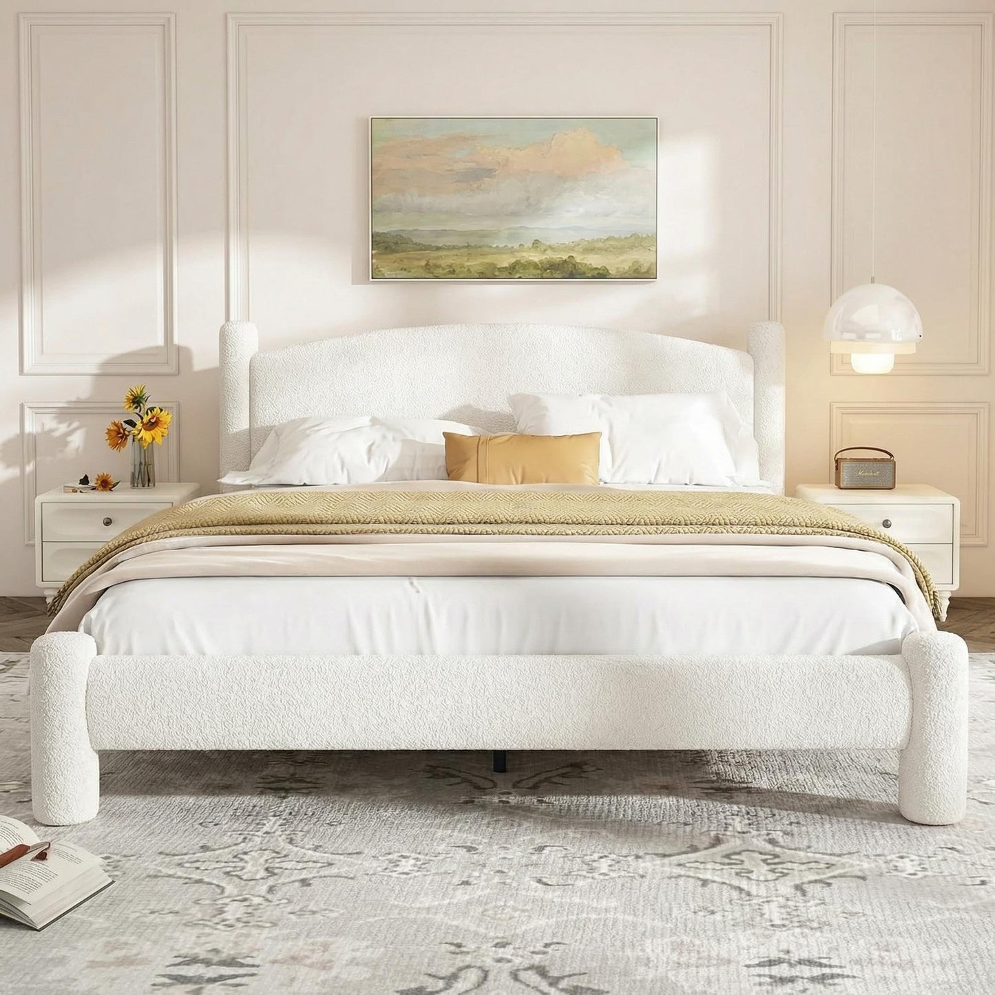 Garvee King Size Boucle Bed Frame, Upholstered Platform Cloud Bed with Soft Round Headboard & Cylindrical Legs, Heavy Duty & Noise Free, No Box Spring Needed, Easy Assembly, White