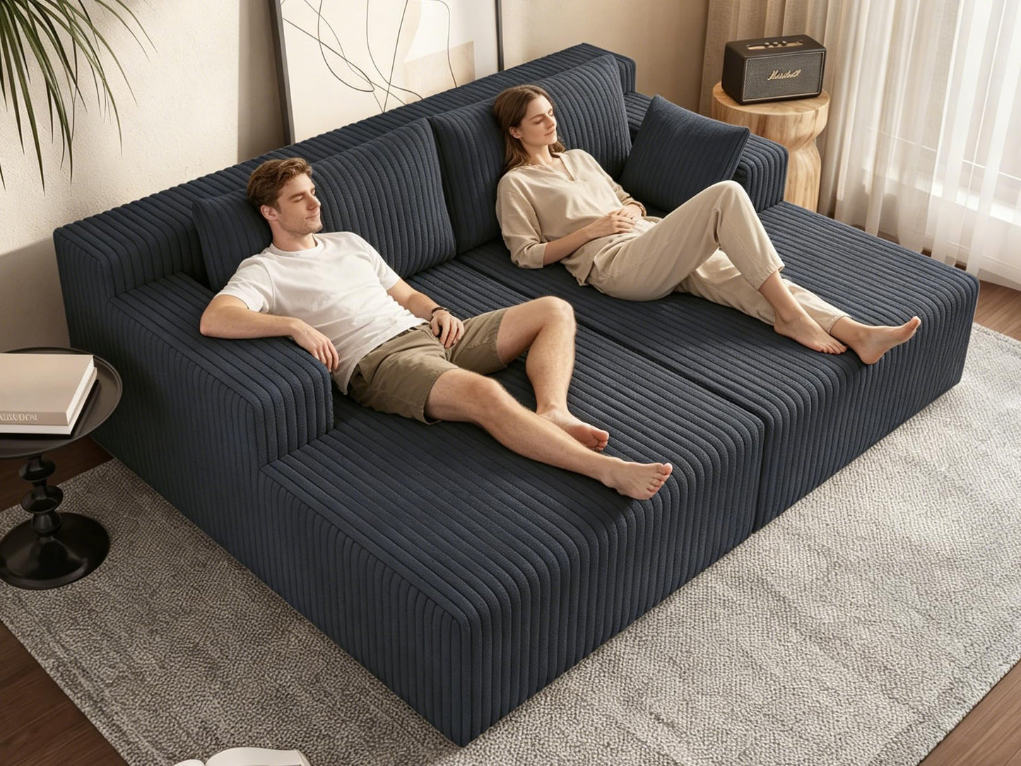 KEIKI 71" L Oversized Double Lounge Chaise Indoor, Corduroy Deep Seat Sectional Modular Couch Sleeper Loveseat Chair, Boneless Upholstered Reading Lazy Cloud Plush Sofa Bed for Living Room, Bedroom